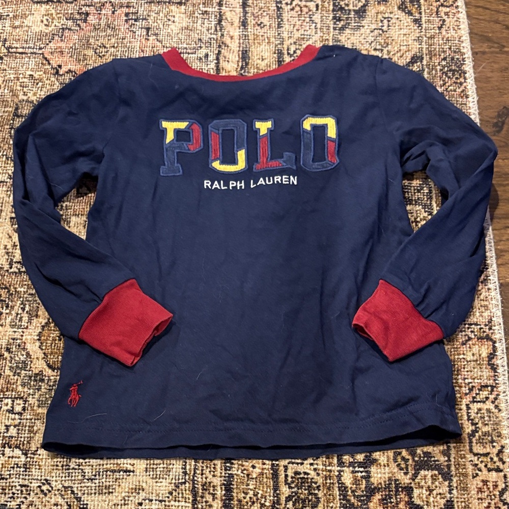 Ralph Lauren Navy Long-Sleeve Tee with Red Trim and Multicolor Polo Logo